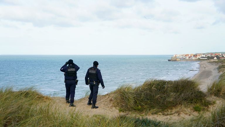 French police officers patrol the beaches in Wimereux near Calais as migrants continue to launch small boats along the coastline in a bid to cross the Channel towards the UK. Picture date: Thursday November 18, 2021.
