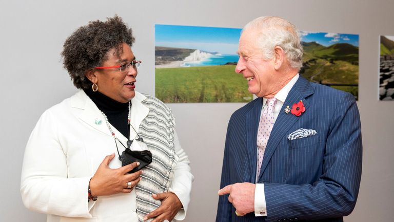 Britain&#39;s Charles, Prince of Wales, greets Barbados&#39; Prime Minister Mia Amor Mottley