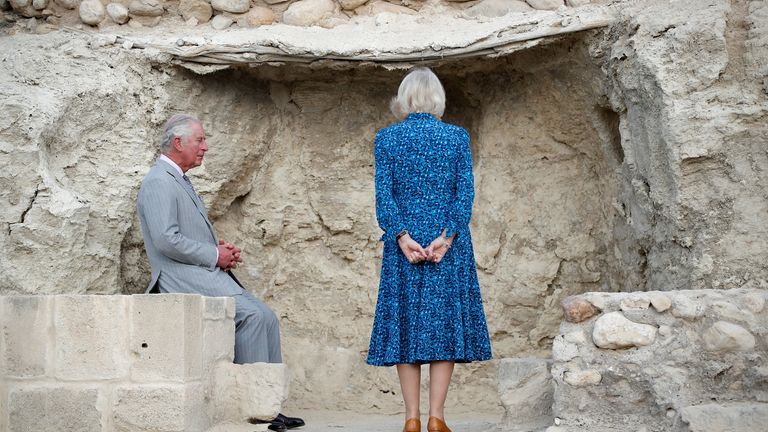 Britain&#39;s Prince Charles, Prince of Wales, and Camilla, Duchess of Cornwall, visit Elijah’s Hill, near the baptism site along the Jordan River, Jordan November 16, 2021. REUTERS/Peter Nicholls/Pool

