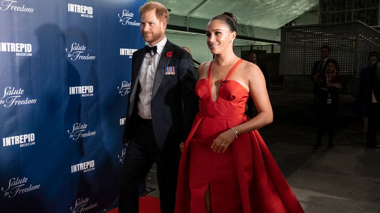 Prince Harry and Meghan Markle arrive at the Intrepid Sea, Air & Space Museum for the Salute to Freedom Gala in New York Pic: AP 