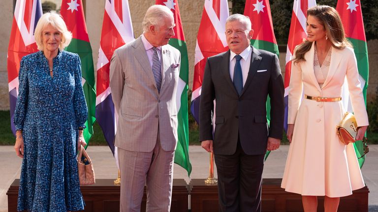 The Prince of Wales and Duchess of Cornwall are welcomed by King Abdullah II and Queen Rania Al-Abdullah at the Al Husseiniya Palace in Amman, Jordan, on the first day of their tour of the Middle East. Picture date: Tuesday November 16, 2021.
