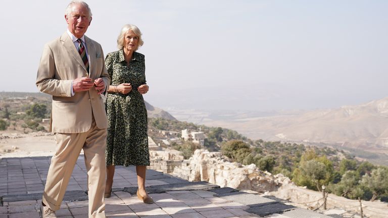 The Prince of Wales and Duchess of Cornwall during a walking tour of Umm Qais in Jordan, on the second day of their tour of the Middle East. Picture date: Wednesday November 17, 2021.
