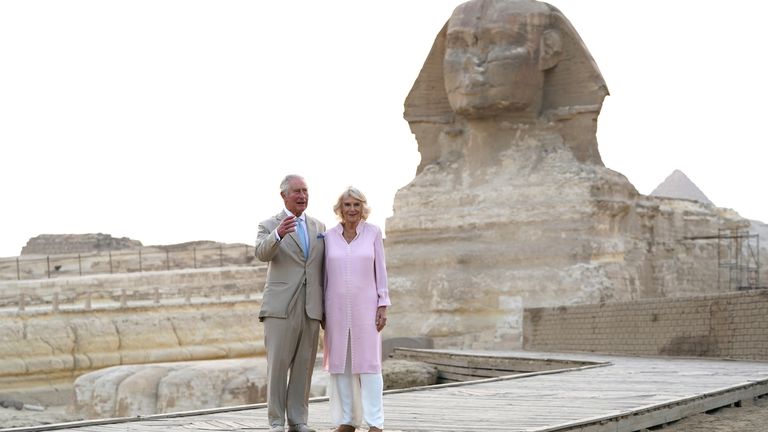 The Prince of Wales and The Duchess of Cornwall during a visit to the Great Sphinx of Giza, on the third day of their tour of the Middle East. Picture date: Thursday November 18, 2021.