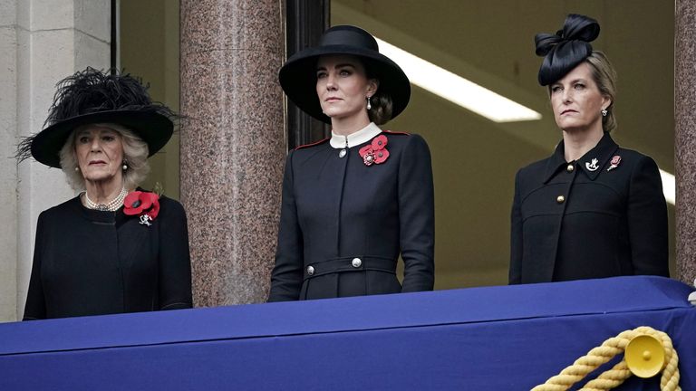 (LR) The Duchess of Cornwall, Duchess of Cambridge and Countess of Wessex watch from the balcony