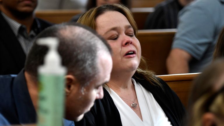 Kyle Rittenhouse&#39;s mother, Wendy Rittenhouse, reacts as her son is found not guilt on all counts at the Kenosha County Courthouse in Kenosha, Wis., on Friday, Nov. 19, 2021. Pic: AP