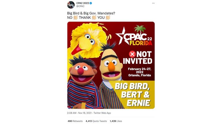 La plus grande conférence des républicains interdit les Muppets parce qu'ils sont pro-vaccins La Conférence d'action politique conservatrice (CPAC) a annoncé cette semaine qu'elle n'autoriserait aucun des muppets de Sesame Street à assister à sa réunion annuelle en Floride l'année prochaine.