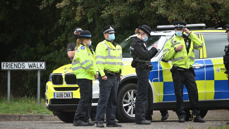 Police officers at a cordon  on Friends Walk, Kesgrave, Suffolk