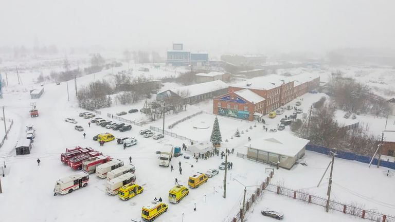Ambulances and fire trucks near the Listvyazhnaya coal mine. Pic: AP
