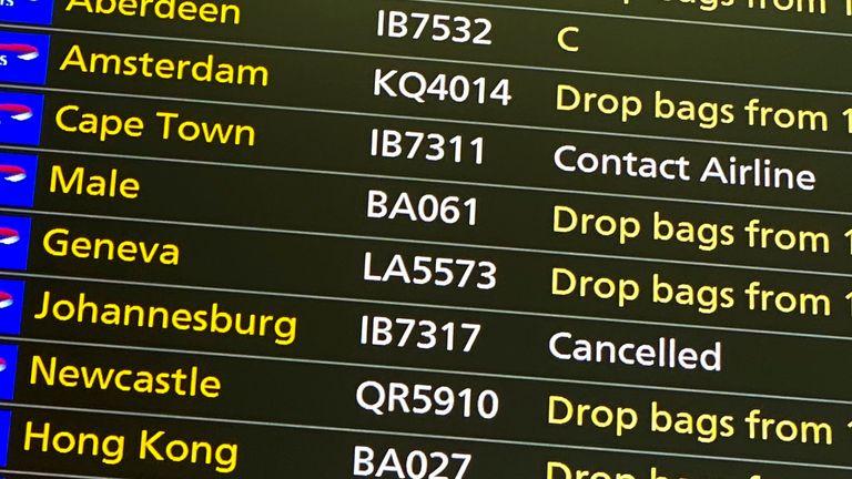 Pic: AP A departures screen displays two cancelled flight to Johannesburg and Cape Tow at Heathrow Airport, in London, Friday, Nov. 26, 2021. The U.K. announced that it was banning flights from South Africa and five other southern African countries effective at noon on Friday, and that anyone who had recently arrived from those countries would be asked to take a coronavirus test.(AP Photo/Alberto Pezzali)