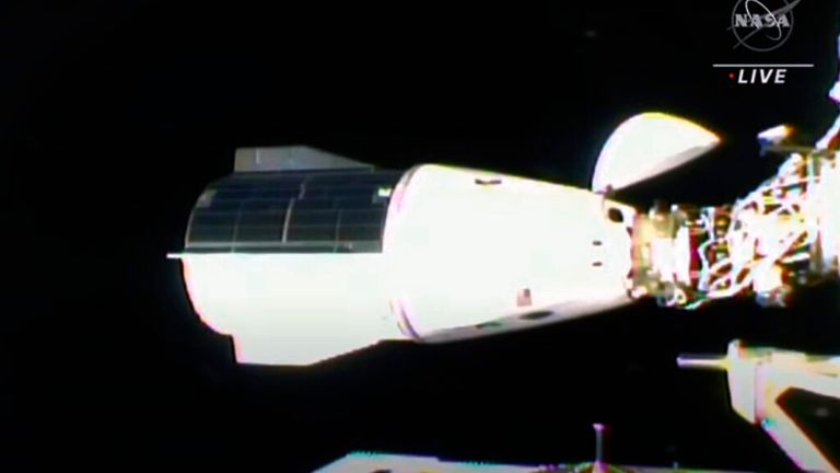 The SpaceX Dragon docking with the International Space Station, on Thursday, 11 November Pic: AP