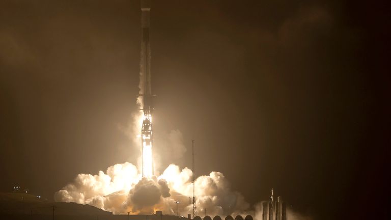 The SpaceX Falcon 9 rocket launches with the Double Asteroid Redirection Test, or DART, spacecraft onboard, Tuesday, Nov. 23, 2021, Pacific time (Nov. 24 Eastern time) from Space Launch Complex 4E at Vandenberg Space Force Base in California. DART is the world...s first full-scale planetary defense test, demonstrating one method of asteroid deflection technology. The mission was built and is managed by Johns Hopkins APL for NASA...s Planetary Defense Coordination Office. Photo Credit: (NASA/Bill Ingalls)