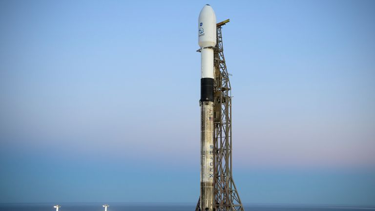 The SpaceX Falcon 9 rocket with the Double Asteroid Redirection Test (DART) spacecraft onboard. Pic: NASA/AP