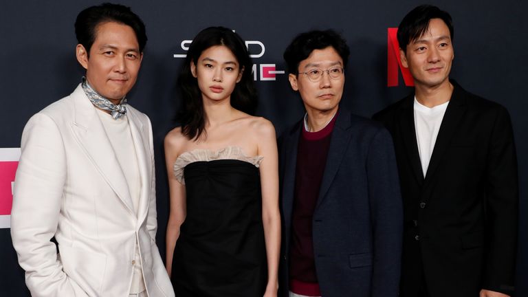 Lee Jung-jae, Jung Hoyeon, Hwang Dong-hyuk and Park Hae Soo attend a special event for the television series Squid Game in Los Angeles, California, U.S. November 8, 2021. REUTERS/Mario Anzuoni
