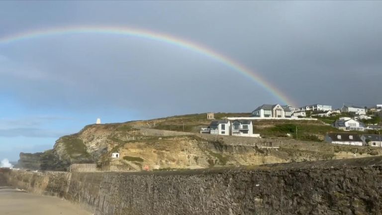 Rainbow over Cornwall coastline