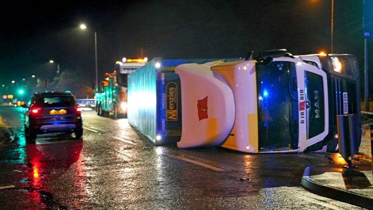 A lorry blown over in high winds blocks the A179 near Hartlepool, County Durham, after gusts of almost 100 miles per hour battered some areas of the UK during Storm Arwen. Picture date: Saturday November 27, 2021.