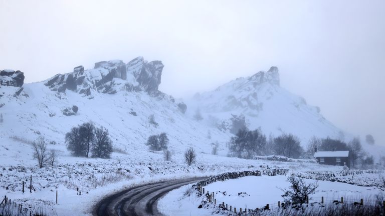 A general view of the Staffordshire Moorlands that has been covered in snow from Storm Arwen, in Leek, Staffordshire, Britain, November 27, 2021. REUTERS/Carl Recine
