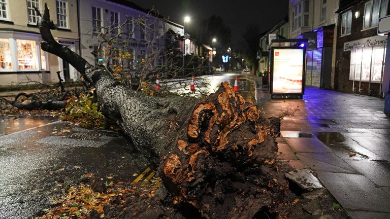 A fallen tree blocks a road in the centre of Norton village in Teeside after gusts of almost 100 miles per hour battered some areas of the UK during Storm Arwen. Picture date: Saturday November 27, 2021.