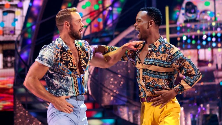 John Whaite and Johannes Radebe on Strictly Come Dancing. Pic: Guy Levy/ BBC