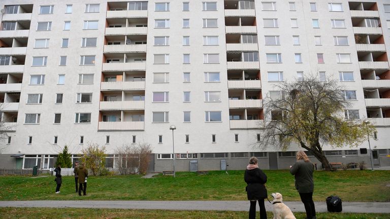 One children is dead and one is critically injured after a suspected violent crime in H..sselby in northwest Stockholm 14 November. The police suspect the childred were stabbed and fell from a height from an apertment hoiuse..Photo Fredrik Sandberg / TT code 10080
PIC:AP