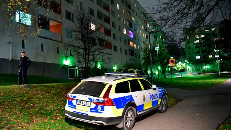 Police outside an apartment block after an incident, in Hasselby, northwest Stockholm, Sunday, Nov. 14, 2021. Swedish police say they have arrested two adults on suspicion of murder after two children fell from “a great height” and one of them died. Those arrested are a man and a woman, police said. The children who were reportedly were siblings and both under the age of 10, were rushed to the hospital. (Jonas Ekstromer/TT News Agency via AP)
PIC:AP

