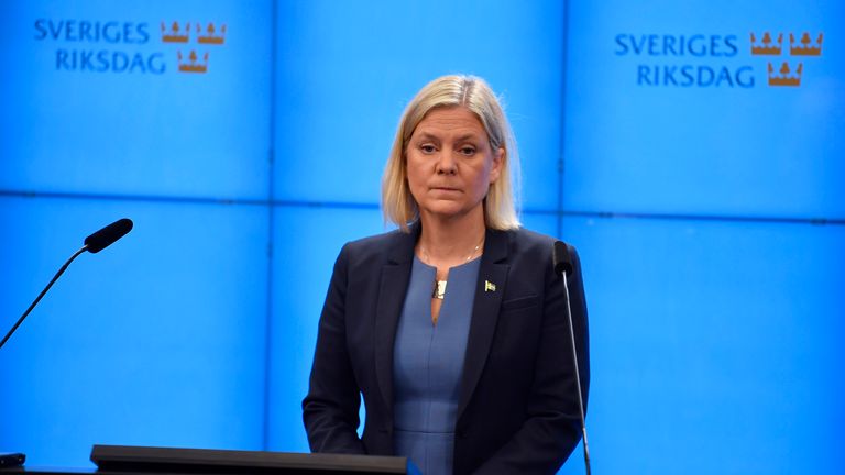 Magdalena Andersson during a press conference after the budget vote. Pic: AP