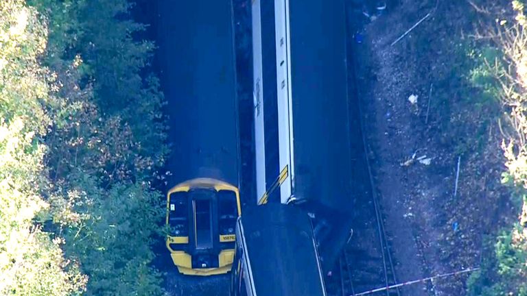  scene of a crash involving two trains near the Fisherton Tunnel between Andover and Salisbury in Wiltshire. Fifty firefighters were called to the scene of the collision on Sunday