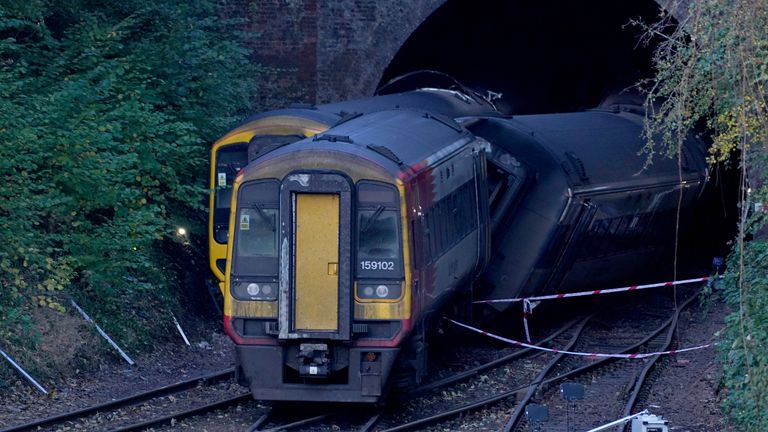 The scene of a crash involving two trains near the Fisherton Tunnel between Andover and Salisbury in Wiltshire. Fifty firefighters were called to the scene of the collision in which up to a dozen passengers are believed to have been injured. Picture date: Monday November 1, 2021.


