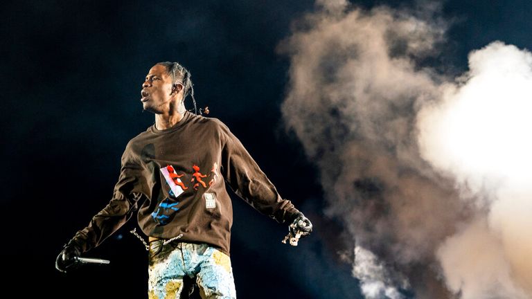 Travis Scott performs on day one of the Astroworld Music Festival at NRG Park on Friday, Nov. 5, 2021, in Houston. (Photo by Amy Harris/Invision/AP)