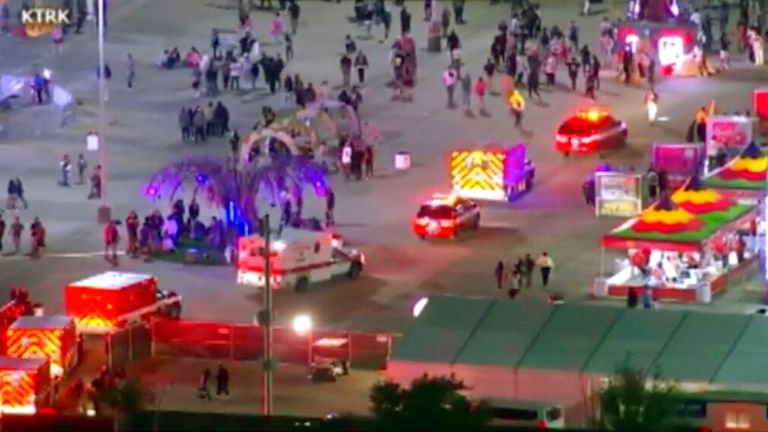 Emergency personnel respond to the Astroworld music festival in Houston on Friday, Nov. 5, 2021. Several people died and numerous others were injured in what officials described as a surge of the crowd at the music festival while Travis Scott was performing. Officials declared a “mass casualty incident” just after 9 p.m. Friday during the festival where an estimated 50,000 people were in attendance, Houston Fire Chief Samuel Peña told reporters at a news conference. (KTRK via AP)