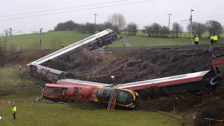 Part of a Virgin Pendolino train which crashed near Little Docker Cottage, around the area of Grayrigg, near Kendal, Cumbria, at around 8.10pm yesterday.