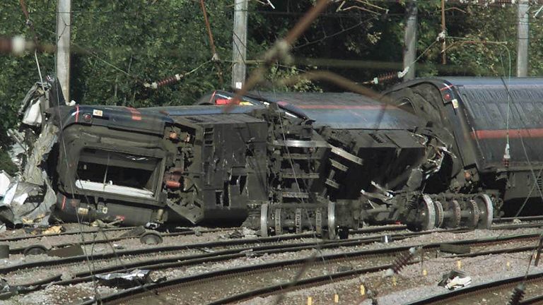 The scene near Hatfield in Hertfordshire after a high speed train derailed and at least one coach overturned