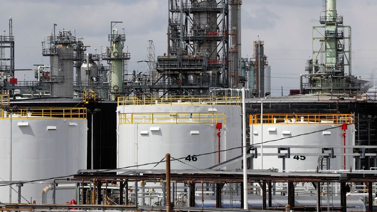 Storage is shown at the Marathon Petroleum refinery in Detroit, Michigan. Pic: AP