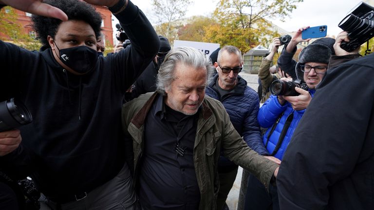 WashingtonSteve Bannon, talk show host and former White House advisor to former President Donald Trump, speaks to the media as he arrives at the FBI&#39;s Washington field office to turn himself in to federal authorities after being indicted for refusal to comply with a congressional subpoena over the January 6 attacks on the U.S. Capitol in Washington, U.S., November 15, 2021. REUTERS/Kevin Lamarque
