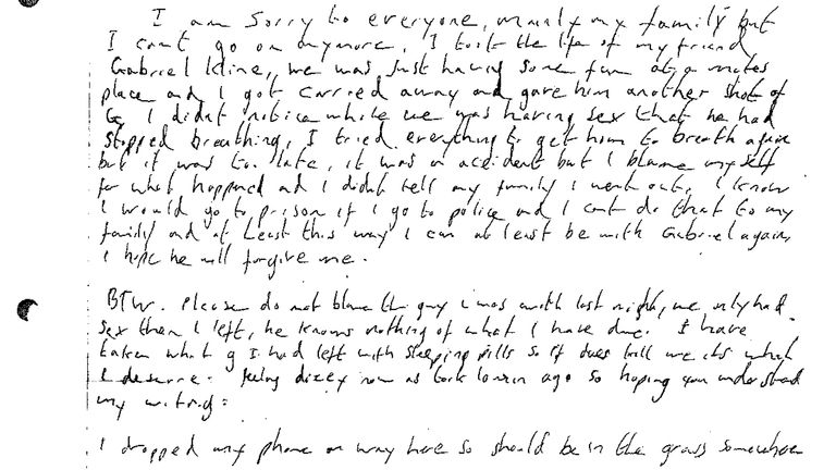 A &#39;suicide note&#39;, written by serial killer Stephen Port, which was placed on the dead body of Daniel Whitworth, purporting to claim responsibility for the death of Gabriel Kovari