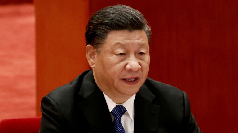 Chinese President Xi Jinping speaks at a meeting commemorating the 110th anniversary of Xinhai Revolution at the Great Hall of the People in Beijing, China October 9, 2021. REUTERS/Carlos Garcia Rawlins/File Photo