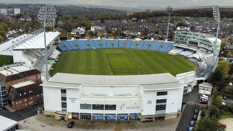 A general view of the ground from above after sponsorship signage was removed from Headingley, home of Yorkshire County Cricket Club. Yorkshire CCC have lost several sponsors over their handling of Azeem Rafiq's racism claims. Picture date: Wednesday November 10, 2021.

