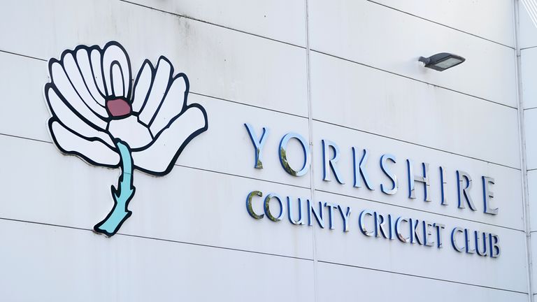 A view of Yorkshire Cricket Club signage during a nets session at Emerald Headingley, Leeds
