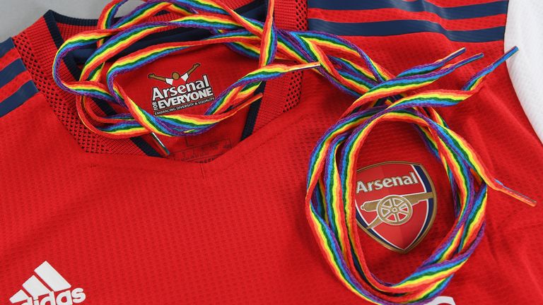 LONDON, ENGLAND - NOVEMBER 27: Rainbow laces with the Arsenal home shirt before the Premier League match between Arsenal and Newcastle United at Emirates Stadium on November 27, 2021 in London, England. (Photo by David Price/Arsenal FC via Getty Images)