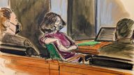 In this courtroom sketch, Ghislaine Maxwell, center, sits in the courtroom during a discussion about a note from the jury, during her sex trafficking trial, Wednesday, Dec. 29, 2021, in New York. (AP Photo/Elizabeth William