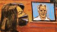FILE PHOTO: Ghislaine Maxwell, the Jeffrey Epstein associate accused of sex trafficking, attends her trial near an image of Epstein on a screen in a courtroom sketch in New York City, U.S., December 2, 2021. REUTERS/Jane Rosenberg/File Photo 