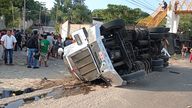 An overturned truck is seen after a trailer crash. Pic: El La Mira/via Reuters