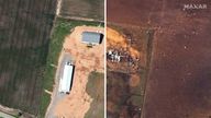 Before and after pictures show a candle factory destroyed by a tornado. Pics: ©2021 Maxar Technologies