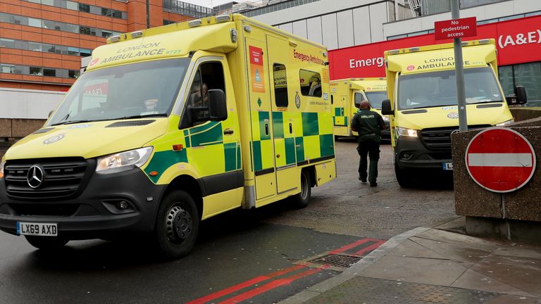 Ambulances are seen in front of St Thomas&#39; Hospital in London as the spread of COVID-19 continues