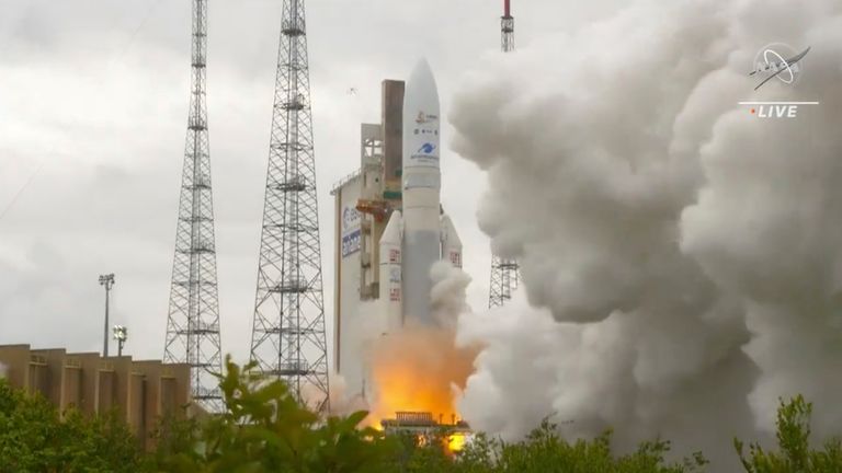 Arianespace&#39;s Ariane 5 rocket with NASA&#39;s James Webb Space Telescope onboard, lifts off Saturday, Dec. 25, 2021, at Europe&#39;s Spaceport, the Guiana Space Center in Kourou, French Guiana. The $10 billion infrared observatory is intended as the successor to the aging Hubble Space Telescope. (NASA via AP)
PIC:AP