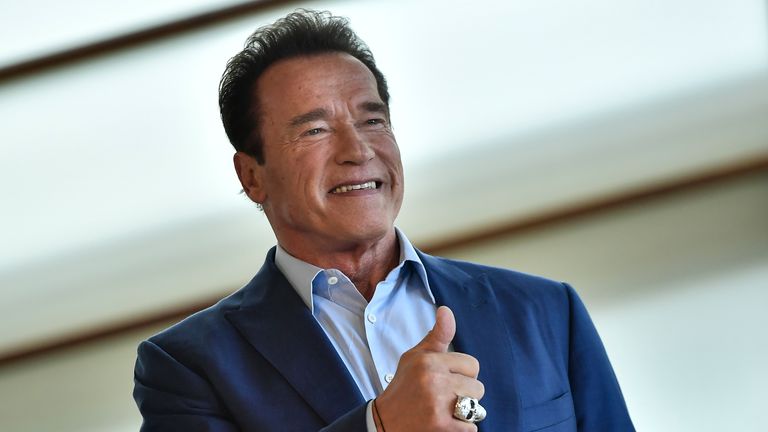 Arnold Schwarzenegger fait des gestes lors de l'appel photo pour promouvoir le film ''Merveilles de la mer'', au 65e Festival du film de San Sebastian, à San Sebastian, dans le nord de l'Espagne, le lundi 1er septembre 2018. 25, 2017. Le festival est l'un des plus prestigieux et internationalement reconnu en Espagne et en Amérique latine.  (AP Photo/Alvaro Barrientos)