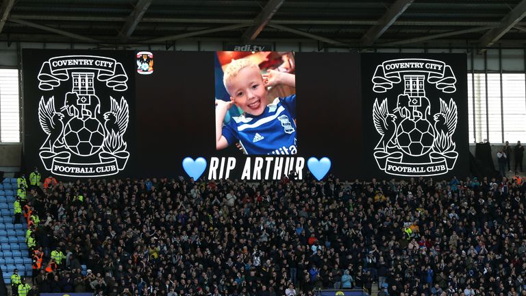 A tribute to Arthur appears on a big screen at West Brom v Coventry on Saturday