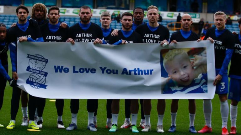 Birmingham City FC held a banner with Arthur&#39;s picture on and wore shirts that read &#39;Arthur we love you&#39;. Pic: Birmingham City FC