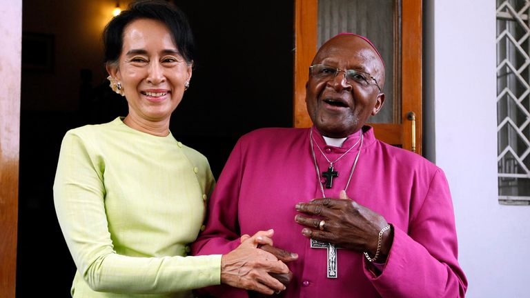 FILE - In this Feb. 26, 2013, file photo, South African Archbishop Desmond Tutu, right, and Myanmar opposition leader Aung San Suu Kyi speak during a press briefing after the Nobel laureates&#39; meeting at her residence in Yangon, Myanmar. As the magnitude of the Rohingya tragedy emerged, 1984 Nobel Peace laureate Archbishop Desmond Tutu felt compelled to appeal to Suu Kyi. (AP Photo/Khin Maung Win, File)
PCI:AP

