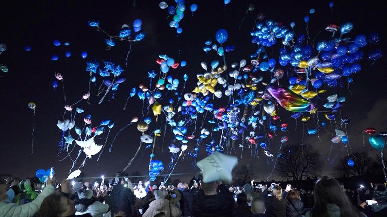 People release balloons in Sutton, in memory of brothers Kyson and Bryson, aged four, and Leyton and Logan, aged three, who died in a fire at their home in Collingwood Road, Sutton, south London, on December 16. Picture date: Thursday December 23, 2021.