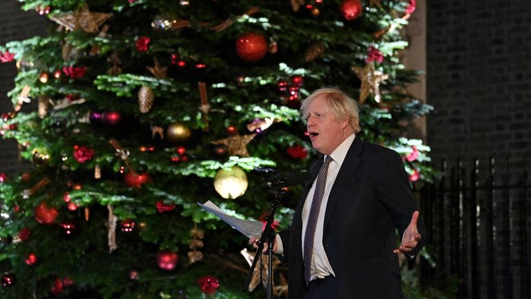 Prime Minister Boris Johnson makes a speech as he visits a UK Food and Drinks market 